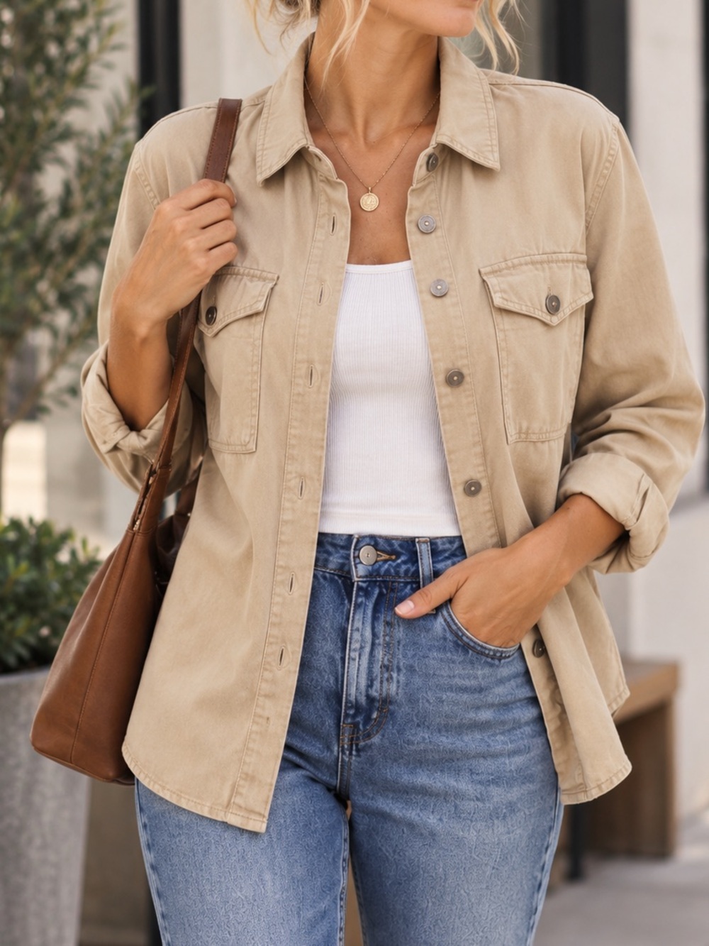 Kensie Khaki Utility Shacket Women’s M Button Front Oversized Lightweight Jacket